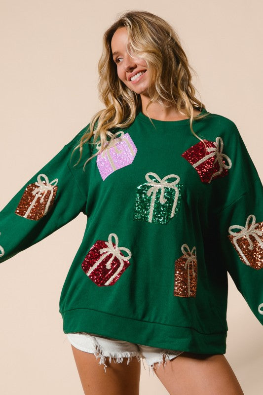Green Sequin Present Pullover