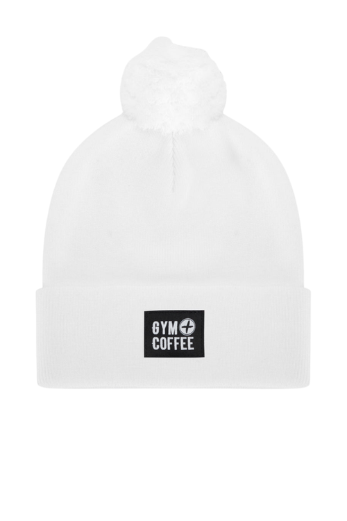 Gym+Coffee Knit Bobble Beanie in White by Gym+Coffee shown with soft knit and pompom, shop Gym+Coffee at Dotique.
