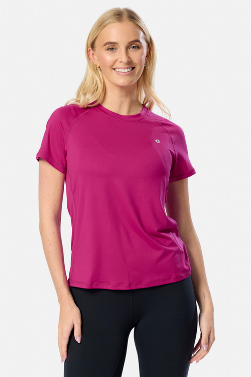 Woman wearing Gym+Coffee Relentless Tee in Sunrise Pink by Gym+Coffee, available to shop at Dotique.