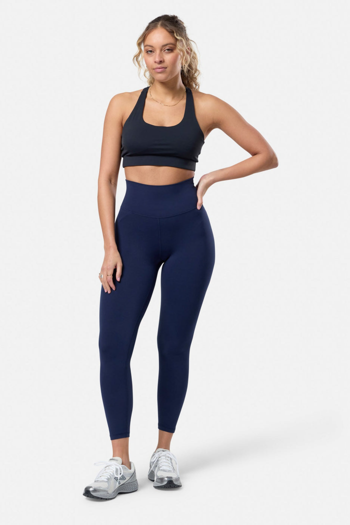 Gym+Coffee Womens Soft Motion Legging 7/8 Twilight Navy worn by model, shop Gym+Coffee at Dotique for comfort and style.