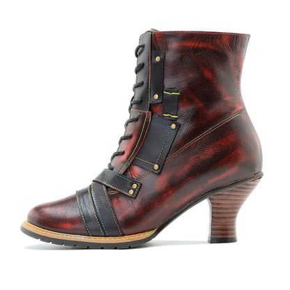 Handcrafted Vintage Mixed Leather High Heel Ankle Boots