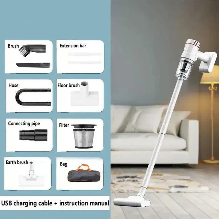 a white and black vacuum cleaner with a blue background
