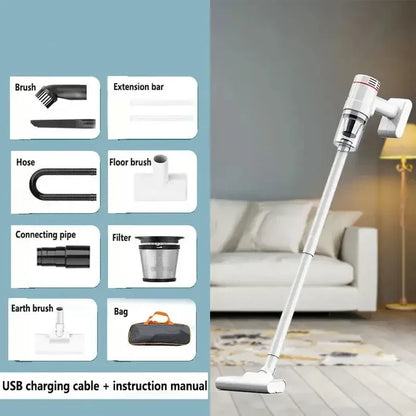 a white and black vacuum cleaner with a blue background