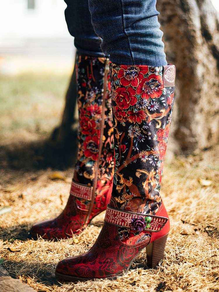Handmade Floral Embossed Embroidery Elegant Boots