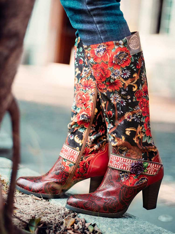Handmade Floral Embossed Embroidery Elegant Boots