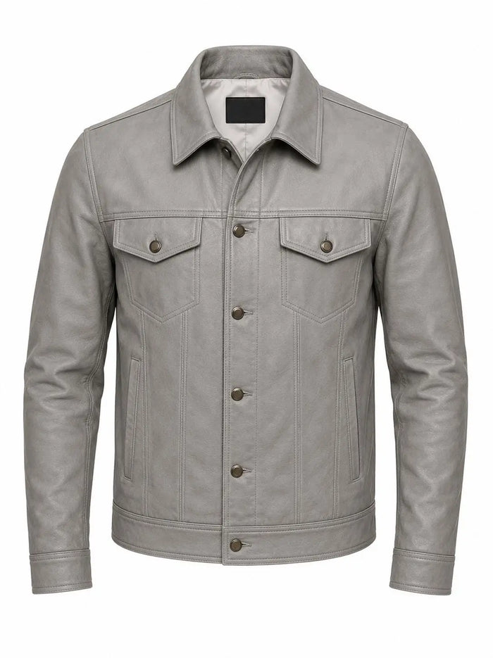 Handmade Grey Lambskin Leather Trucker Jacket | Biker Style Leather Jacket men
