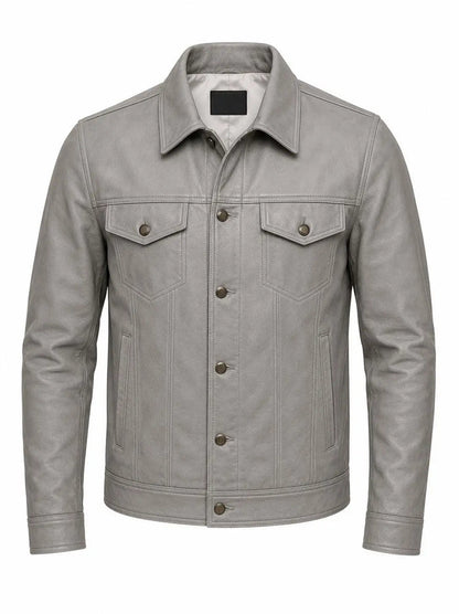Handmade Grey Lambskin Leather Trucker Jacket | Biker Style Leather Jacket men