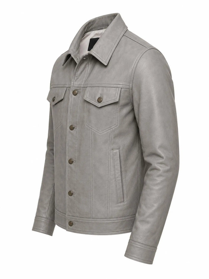 Handmade Grey Lambskin Leather Trucker Jacket | Biker Style Leather Jacket men