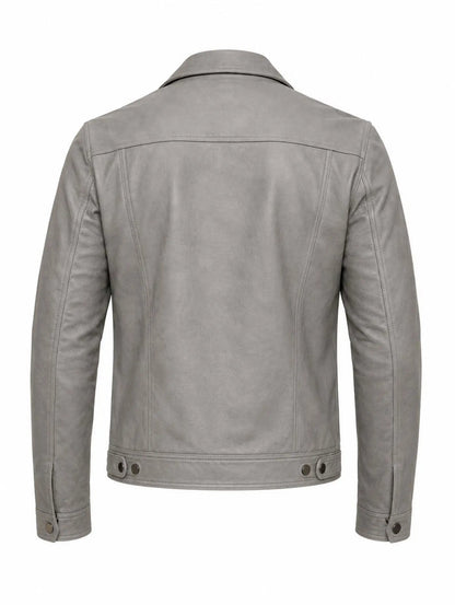 Handmade Grey Lambskin Leather Trucker Jacket | Biker Style Leather Jacket men