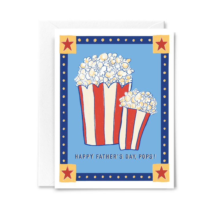 Father's Day card with popcorn design on a blue background