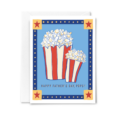 Father's Day card with popcorn design on a blue background