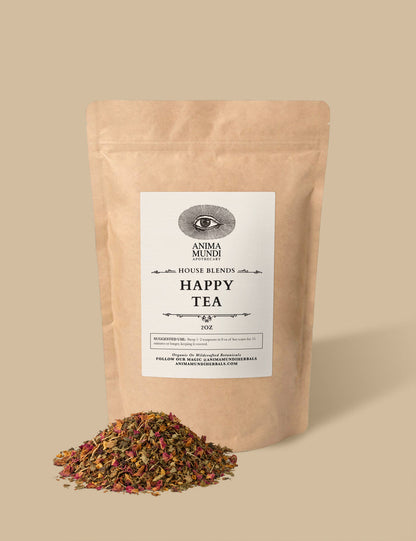 Tea package labeled 'Happy Tea' with loose tea leaves on a beige background