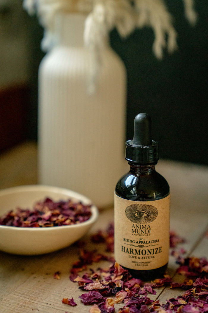 Bottle of Anima Mundi Harmonize on a wooden surface with dried flowers and a white vase in the background.