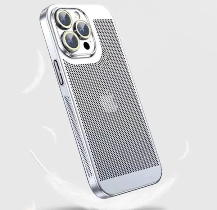 a white iphone case with a silver metal mesh design