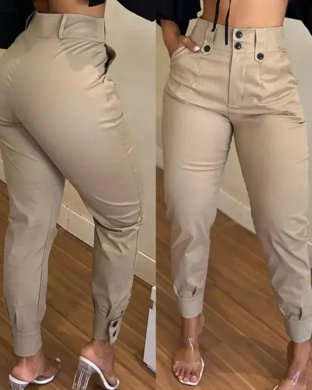 Beige Office cargo skinny capri pants women stretch FTF Market UK