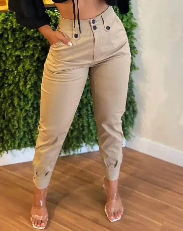 Beige Office cargo skinny capri pants women stretch FTF Market UK