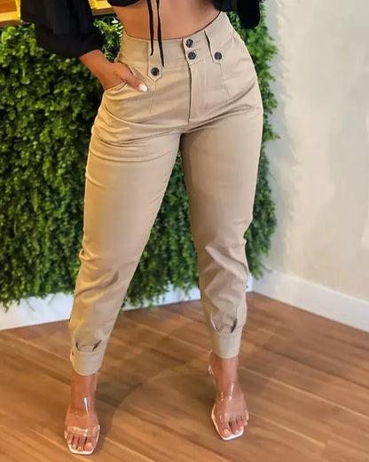 Beige Office cargo skinny capri pants women stretch FTF Market UK