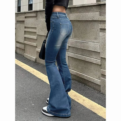 High waist flared jeans blue gray denim full length view women FTF Market UK