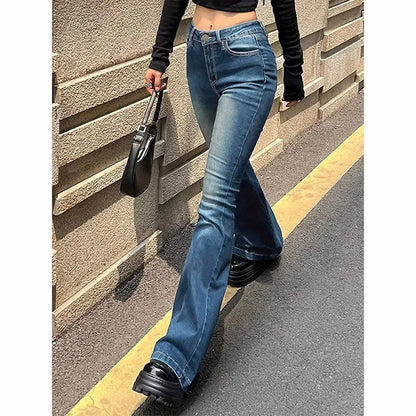 High waist flared jeans blue gray denim full length view women FTF Market UK