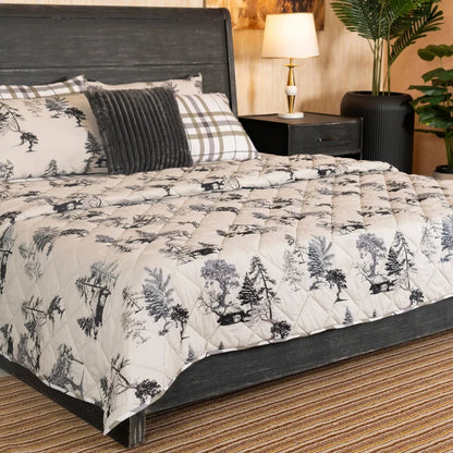 3-piece winter bed set: tree sketch quilt with plaid pillow and dark ribbed accent