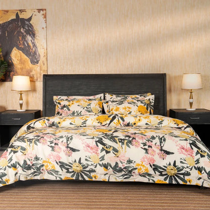 Floral bed set with cream duvet and pillowcases, yellow flowers and pink accents