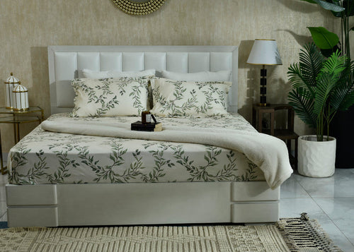 Leaf-print cotton sateen bed sheet set with matching pillowcases, off-white and green leaves