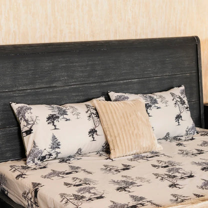 Cotton bed sheet with forest tree print and matching pillowcases in beige and gray
