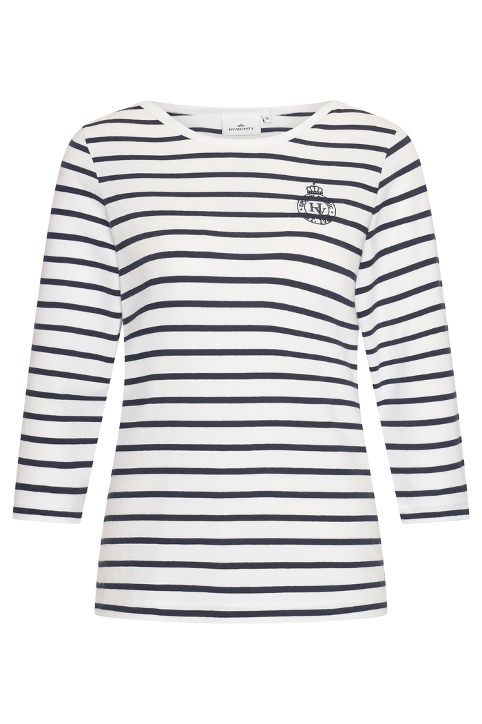 Front view of HV Society HVSCaroline Navy Top striped long sleeve by HV Society, shop HV Society at Dotique