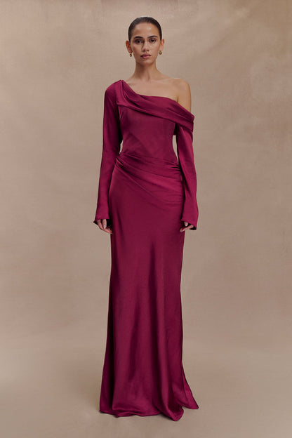 Iris Long Sleeve Satin Maxi Dress - Mahogany
