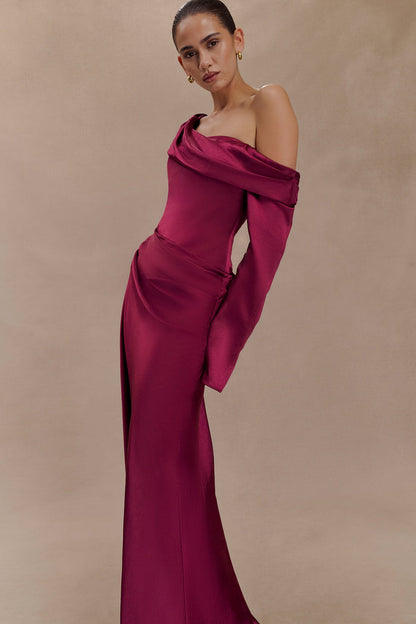 Iris Long Sleeve Satin Maxi Dress - Mahogany