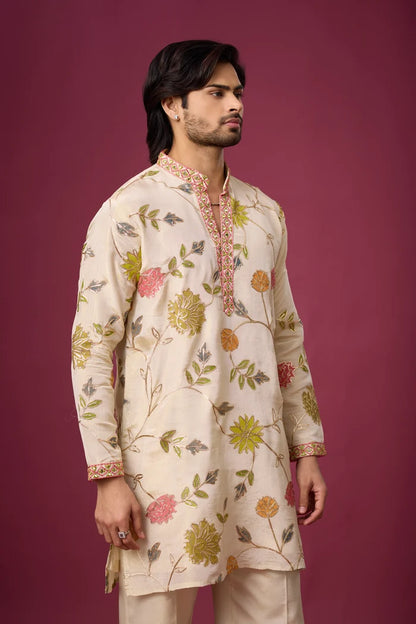 Buy Ivory Botanical Bloom Kurta Set for Men Online India | Mahavir NX