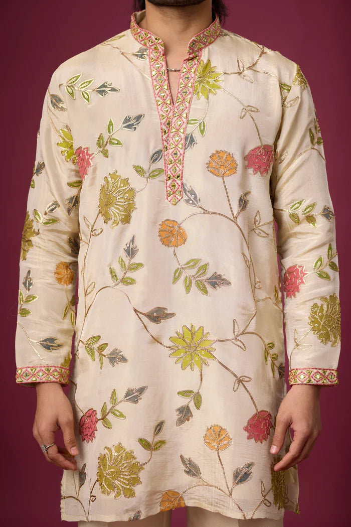 Designer Ivory Botanical Ethnic Kurta Set – Side View | Mahavir NX