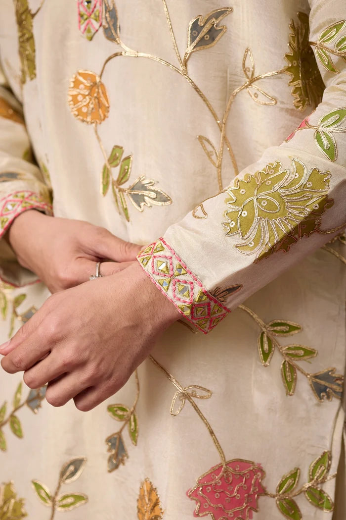 Ivory Botanical Bloom Embroidered Kurta Set for Men – Full Length View | Mahavir NX
