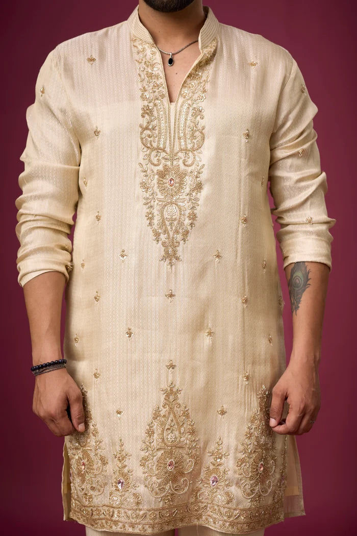 Ivory Regal Ornate Kurta Pajama Set – Front View | Mahavir NX