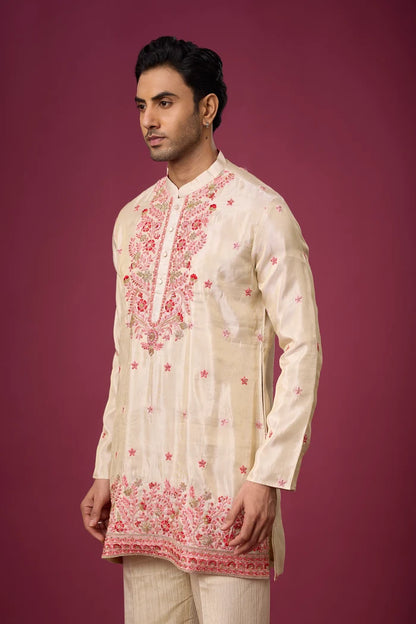 Pink Coral Floral Border Kurta Set – Wedding & Haldi Wear | Mahavir NX