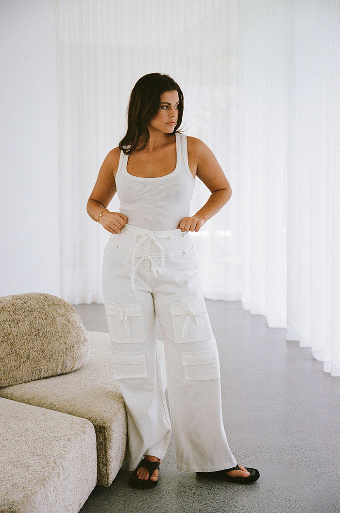 White High Waist Cargo Pocket Tie Jaicee Pants