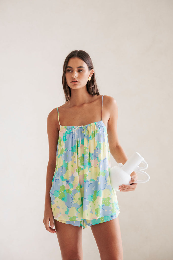 Yellow Blue Floral Adjustable Strappy Tie Jetta Top