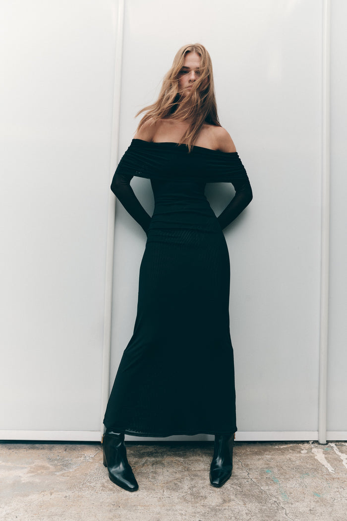 Josie Off Shoulder Mesh Maxi Dress - Black