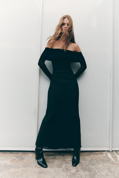 Josie Off Shoulder Mesh Maxi Dress - Black
