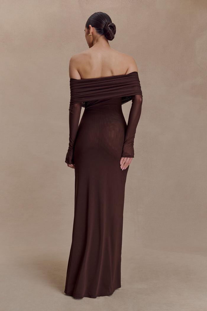 Josie Off Shoulder Mesh Maxi Dress - Dark Brown