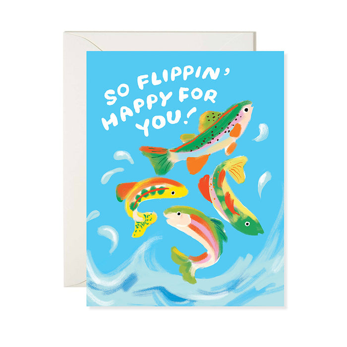 Greeting card of colorful fish on blue background with text 'So Flippin Happy For You'