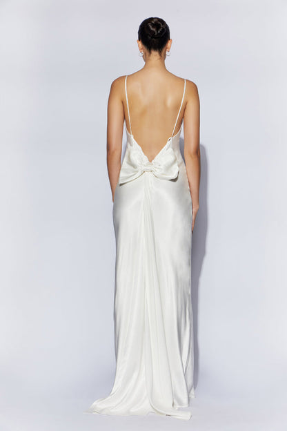 Kailey Low Back Maxi Dress With Bow Train - White