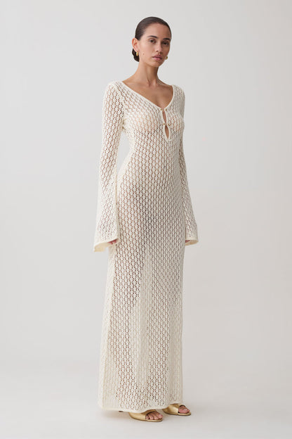 Kayleigh Crochet Fishtail Flare Sleeve Maxi Dress - White