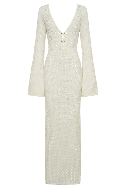 Kayleigh Crochet Fishtail Flare Sleeve Maxi Dress - White