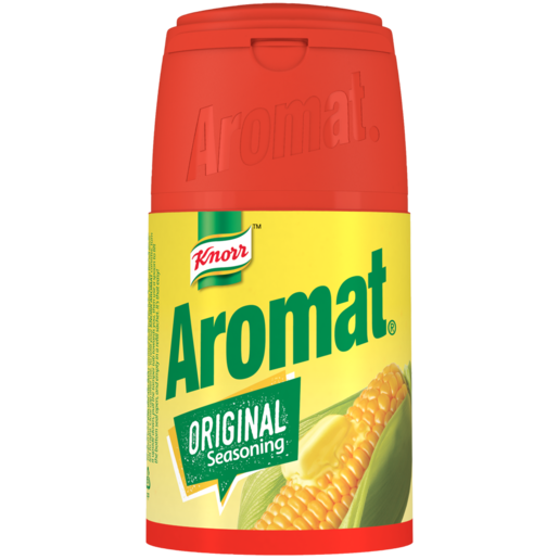 One red and yellow plastic Knorr Aromat Original Seasoning canister featuring an illustration of corn with butter.
