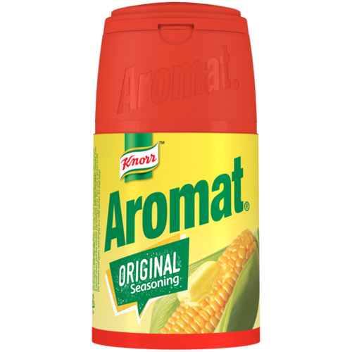 One red and yellow plastic Knorr Aromat Original Seasoning canister featuring an illustration of corn with butter.