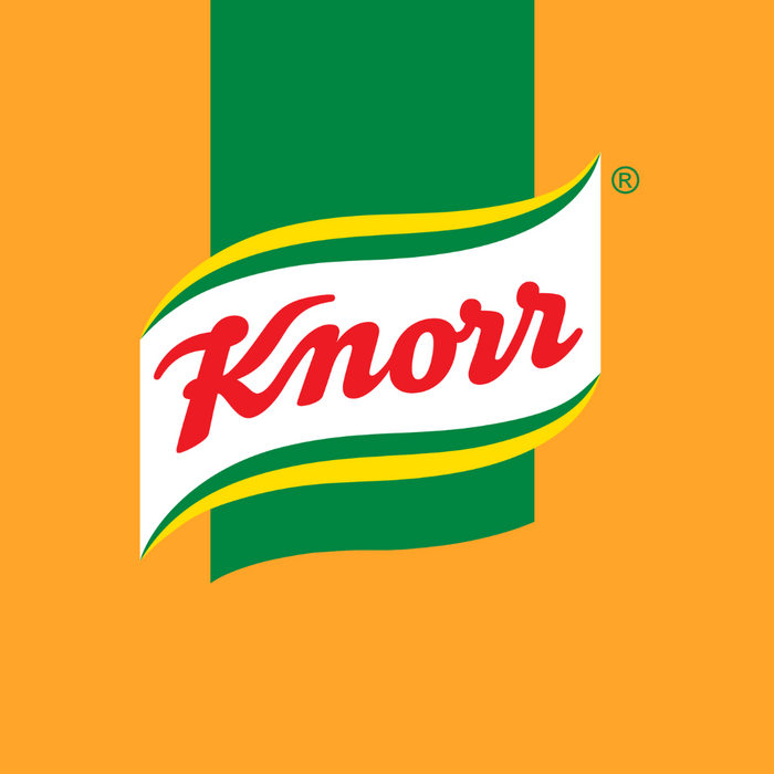 Red Knorr logo in a white wave with yellow and green borders, set against a green rectangle and orange background.
