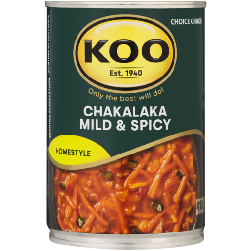 One metal can of KOO Chakalaka Mild & Spicy 410g with a green label and a photo of vegetable relish.