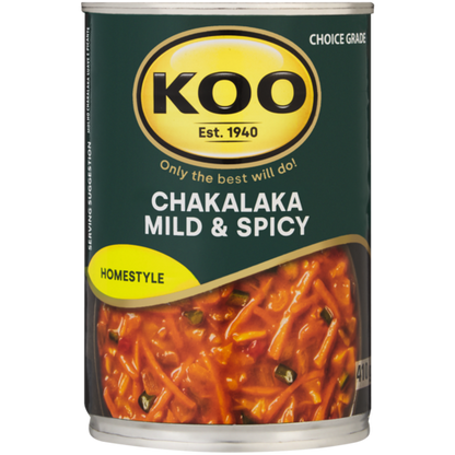 One metal can of KOO Chakalaka Mild & Spicy 410g with a green label and a photo of vegetable relish.