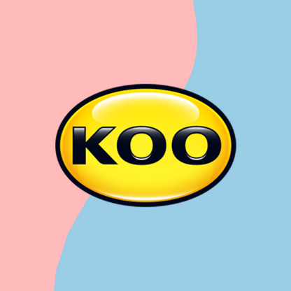 A yellow oval logo with KOO printed in black, centered on a pink and blue background.
